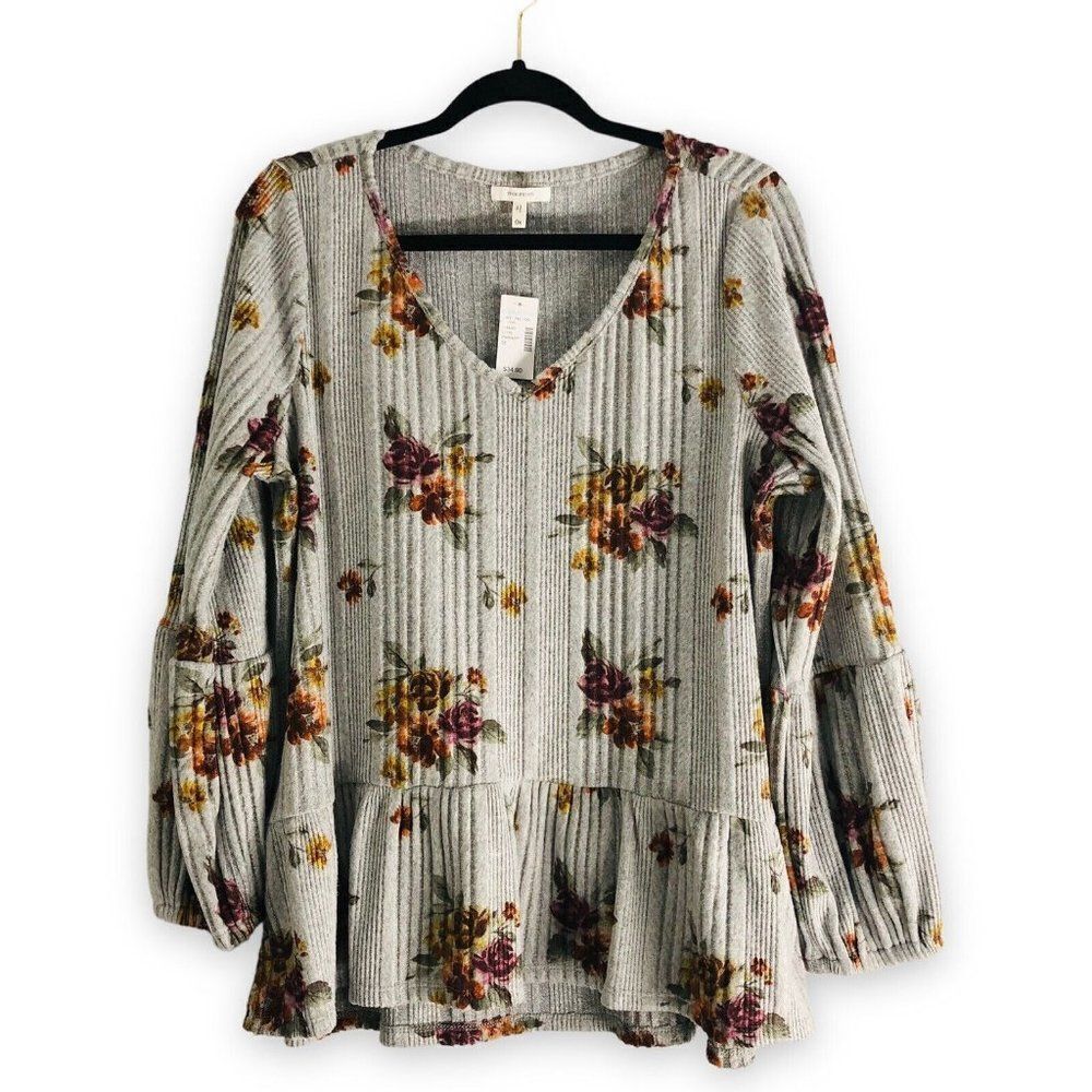 Maurices 0X Gray Cozy Ribbed Ruffle Floral Bell Sleeve‎ Peplum Sweater Blouse